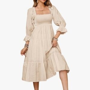 NWT Women's Summer Cotton Plaid Puff Sleeves Bow  Off-Shoulder Boho Midi Dress
